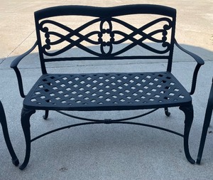 lot 67 image: Heavy Metal Patio Bench, Table and 2 Chairs