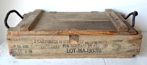 lot 75 image: Vintage Military Wooden Ammo Box, Belt, Pouch and Gas Mask