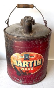 lot 90 image: Vintage Metal Martin Gas Can, Fallout Shelter Sign and Vans Boot Saver Rack