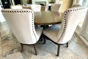 lot 8 image: Beautiful Circular Pedestal Dining Table and Six Neutral Colored Upholstered Chairs