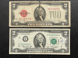 Red Seal $2 Bill and Green Seal $2 Dollar Bill