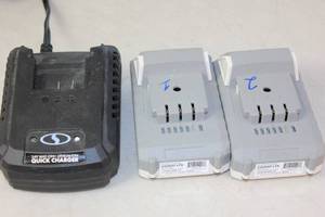 lot 18 image: 2 SnowJoe (24vbat-lte) Batteries with SnowJoe Battery Charger (24vchrg-qc)