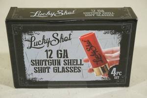 lot 94 image: Set of 4 Lucky Shot 12 GA Shotgun Shell Shot Glasses