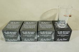 lot 99 image: Set of 4 Lucky Shot 16oz Etched 16oz Pint Glasses with Bullet - American Flag