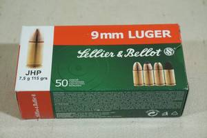 lot 104 image: 50 Sellier & Bellot 9mm Luger 115 Gr JHP Ammo