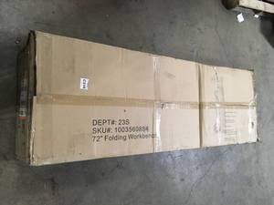 lot 34 image: Husky 6 ft. Adjustable Height Solid Wood Top Workbench in Black for Heavy Duty Welded Steel Garage Storage System   Customer Returns See Pictures
