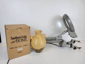 lot 494 image: Vintage Magnifying Lamp with Articulating Arm and Southern Living at Home Olive Jar