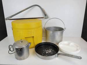 lot 137 image: Camping Items - Aluminum Cooking Set, Bow Saw, Portable Toilet