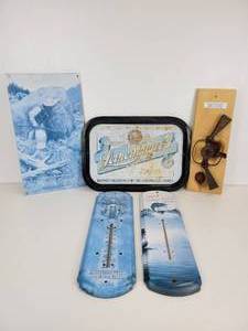 lot 139 image: Lot of Wall Dcor - Complaint Department Plaque, Leinenkugels Beer Tray, Marlin Firearms Sign, Pair of Thermometers
