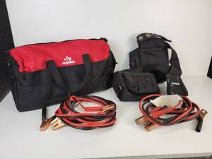 lot 149 image: Husky Tool Bag, Tool Belt, and (2) Sets of Jumper Cables