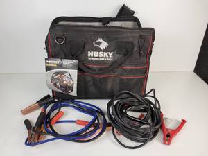 lot 151 image: NEW Husky 16 Large Mouth Bag with Tool Wall and (2) Sets of Jumper Cables
