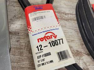 lot 154 image: (2) Mower Deck Belts - Part No. 12-10077 and New Mower Blade Part No. 180C54