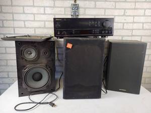lot 94 image: PIONEER Model No. SX-205 Audio Receiver, (2) Optimus STS-100 Speakers and JBL PSW-1000 Powered Subwoofer - NO SHIPPING