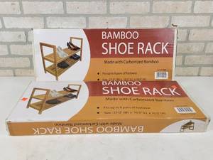 lot 118 image: (2) New in Box Bamboo Shoe Racks