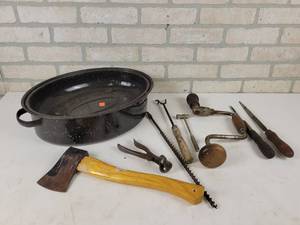 lot 120 image: Antique Tools and Vintage Turkey Roaster Pan