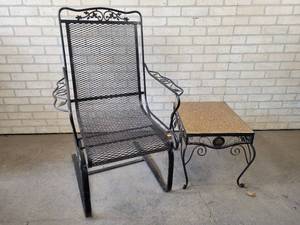 lot 127 image: Rod Iron Patio Rocker and Side Table - NO SHIPPING