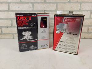 lot 128 image: New in Box APEX II One Burner Stove with Full can of Coleman Camp Fuel - NO SHIPPING