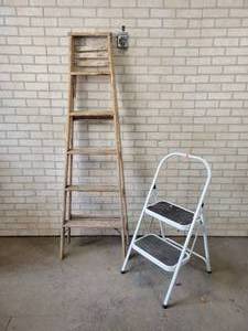 lot 132 image: 6 Wood Stepladder and Metal Step Stool - NO SHIPPING