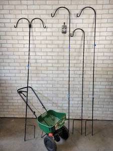 lot 242 image: (4) Garden Shepards Hooks (Up to 7 Tall) and Scotts Spreader - NO SHIPPING