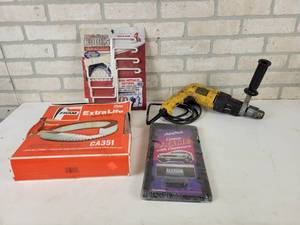 lot 160 image: DeWalt VSR 12 Hammer Drill (Works), Storage Hooks, Air Filter and License Plate Frame