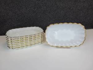 lot 691 image: Lot of (8) Vintage Gilt-Edged White Snack Trays