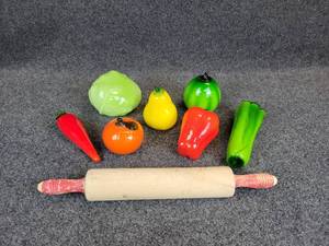 lot 701 image: Handcrafted Glass Fruit & Vegetables with Vintage Rolling Pin