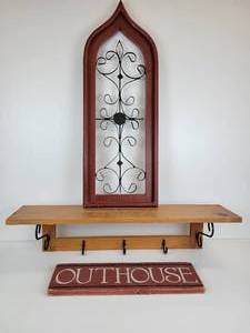 lot 706 image: Lot of Home Dcor - Wood Shelf with Iron Accents, Outhouse Wall Hanging, and Window-Style Wall Hanging - NO SHIPPING