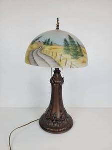 lot 707 image: Vintage Two-Bulb Table Lamp with Hand Painted Glass Shade
