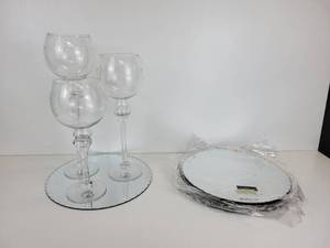 lot 713 image: Lot of (7) 12 Round Scalloped Mirrors and (3) Etched Glass Candle Holders