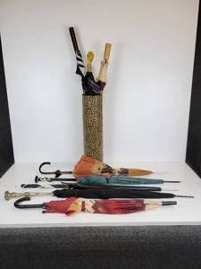 lot 727 image: Lot of (8) Vintage Umbrellas & Parasols with Homemade Umbrella Stand