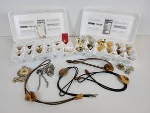 lot 741 image: Lot of Vintage Jewelry - Brooches, Pins, Shoe Clips, Bolos, and More