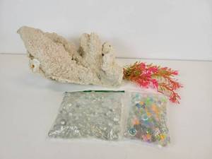 lot 742 image: Large Piece of Coral with Aquarium Plant, Glass Marbles, and Glow-in-the-Dark Beads