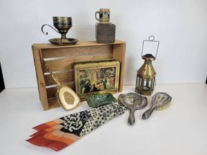 lot 748 image: Lot of Vintage Home Dcor, Vanity Brush & Mirror Pair, and More