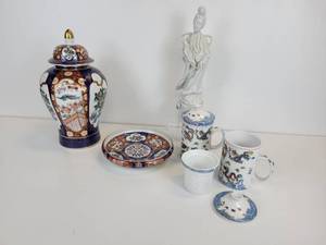 lot 851 image: Asian Style Dcor - Lidded Jar, Plate, Statuette, and Pair of Tea Mugs with Diffuser Inserts and Lids