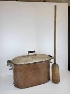 lot 869 image: Copper Boiler with Lid and Wood Masher