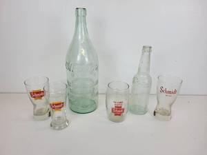 lot 892 image: Large Vintage Embossed Stydrox Glass Water Bottle with Vintage Schmidt Beer Bottle and Beer Glasses