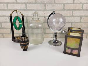 lot 602 image: Godinger Silver Art Co. Globe Drink Dispenser, Carved Wood Figure (Pull up the Barrel for a Surprise), Ambrose & Company 1 Gallon Glass Wine Jug and More - NO SHIPPING