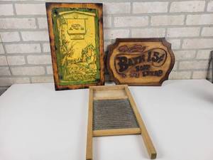 lot 603 image: Vintage Wood Red Lobster Advertisement (18 x 11), Carved Wood Bath 15 Cents Sign and Small Washboard