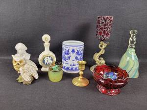 lot 609 image: Hand Blown Glass Bell, Brass Candle Holder and More - NO SHIPPING