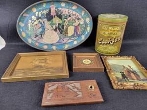 lot 613 image: Vintage J. Chein Cookie Tin, Tin Platter and Vintage Wall Dcor