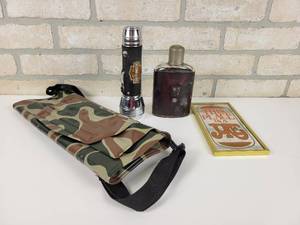 lot 614 image: Leather Wrapped Harley Davidson Flashlight, RUMPP Flask, SIMA Sports Pouch and More