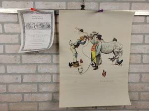 lot 647 image: Vintage Norman Rockwell Traveling Salesman Print - Marked as AP - Comes with COA - Rolled