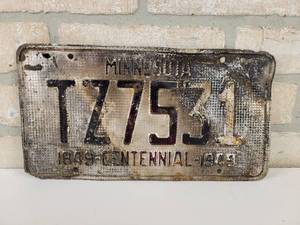 lot 656 image: Minnesota Centennial 1849-1949 Aluminum License Plate