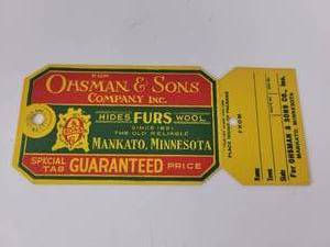 lot 664 image: Vintage OHSMAN & SONS Company Mankato, MN - Hides and Furs Tag