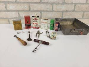 lot 665 image: Antique Tins - Phillip Morris, Zenith - FAB Detergent Tape Measure, Corkscrew, Vintage Pastry Crimper and More
