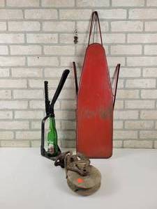 lot 666 image: Antique Cast Iron and Wood Barn Pulley, Bottle Capper with Mountain Dew Bottle and Vintage Childs Tin Ironing Board - NO SHIPPING