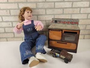 lot 667 image: Vintage Julie Fischer Doll (Ashton-Drake Galleries 390) Approx. 32 Tall if Standing and Vintage Tin Sunny Suzy Stove  TONKA Truck - NO SHIPPING