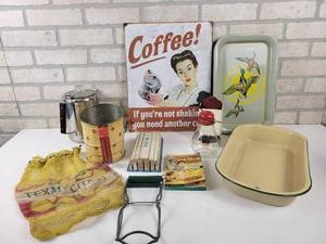 lot 668 image: Vintage Kitchen, COFFEE Tin Sign and More - NO SHIPPING