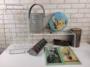 lot 669 image: Galvanized Watering Can, Wire Baskets, Chicken Feeder, Cheese Box and More - NO SHIPPING