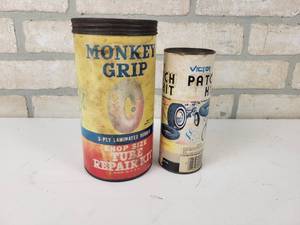 lot 674 image: Vintage Monkey Grip Tube repair Can and Victor Patch Kit can